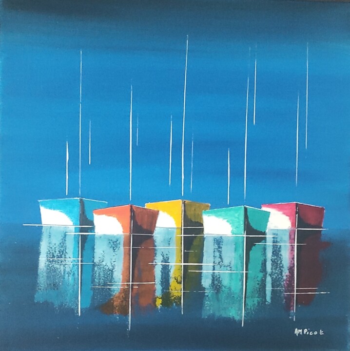 Painting titled "Un soir bleu" by Anne-Marie Picot, Original Artwork, Acrylic Mounted on Wood Stretcher frame