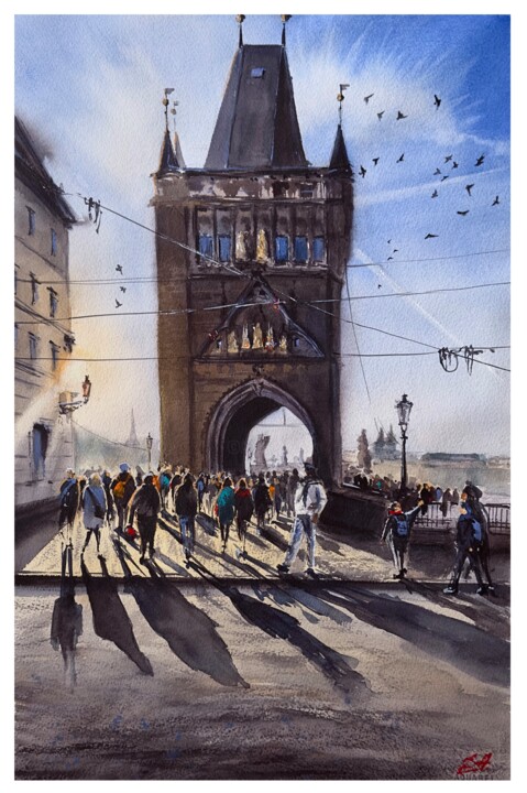 Sunset on Charles Bridge, Prague Painting, 22.1x15 in