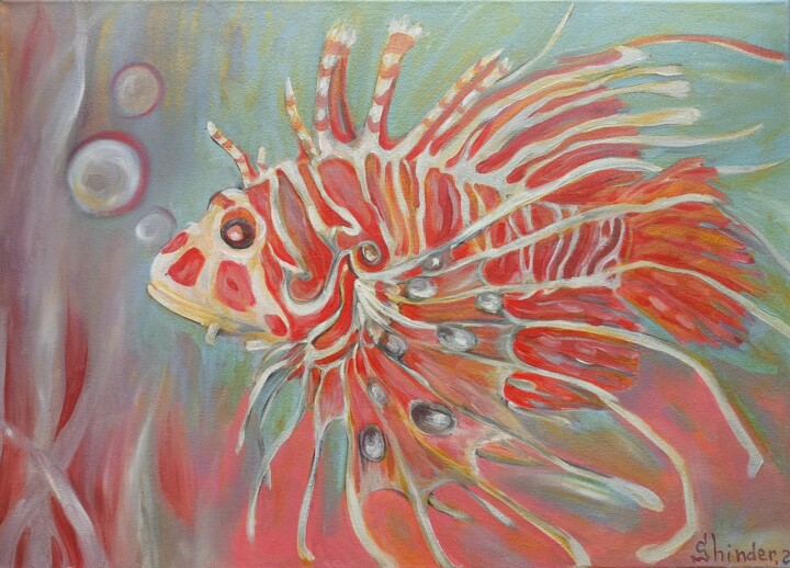 Large Fish Original Lionfish Painting Under Water Animals 绘画, 19.7x27.6 in