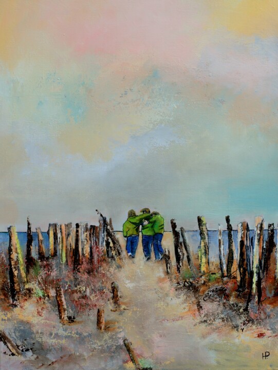 Painting titled "Three boys on the b…" by Hanneke Pereboom, Original Artwork, Acrylic Mounted on Wood Stretcher frame