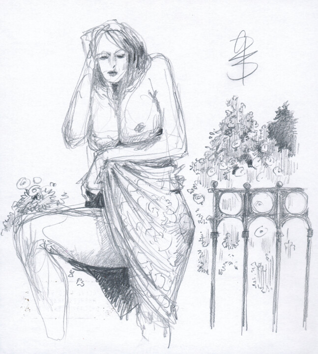 图画 标题为“Moment mit Tuch am…” 由Götz Wiedenroth, 原创艺术品, 铅笔