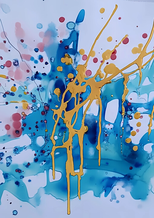 Waves – Blue and Gold Abstract Art Print 印花与版画, 27.6x19.7 in