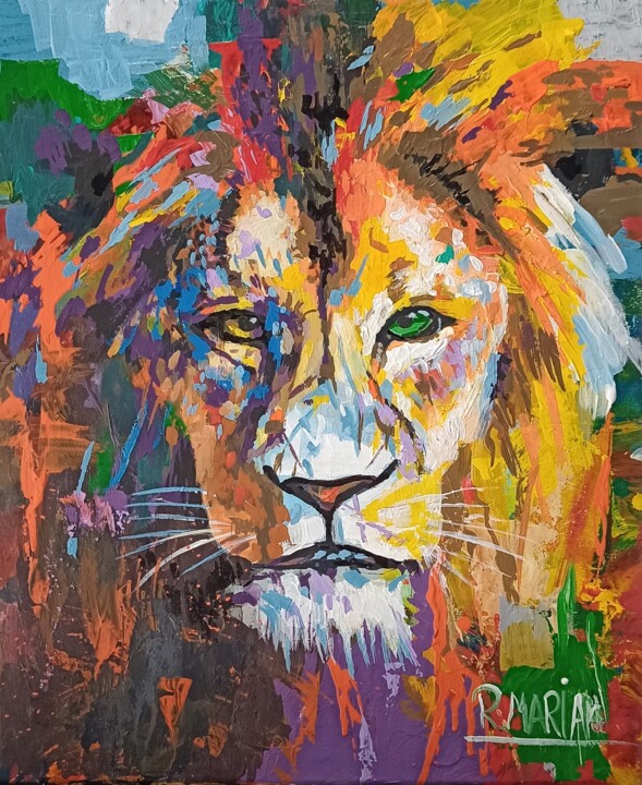 Acrylic Paint Lion 绘画, 17.3x14.6 in