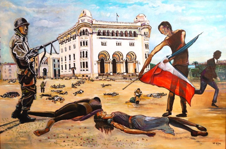 La fusillade du 26 mars 1962 à Alger rue d'Isly 绘画, 31.5x47.6 in