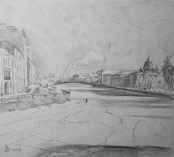 Drawing titled "Февраль на Фонтанке." by Dmitry Veltishchev, Original Artwork, Pencil