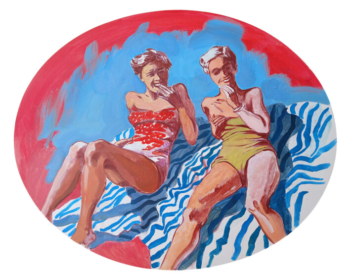 Two girls on a striped towel Tablo, 15,8x19,7 in