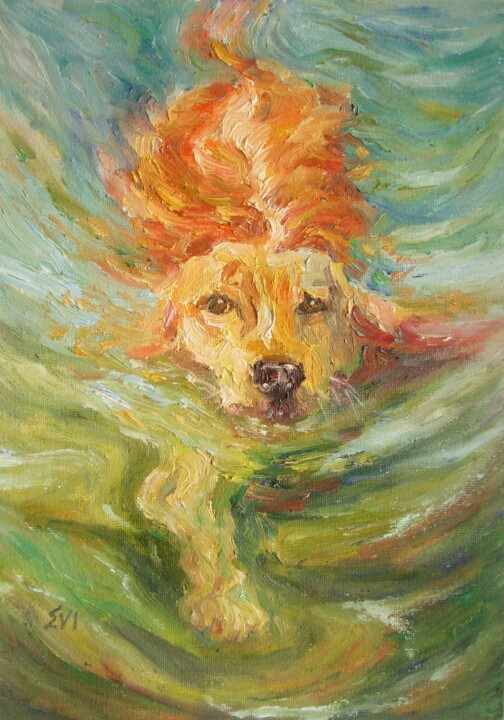 Swimming Labrador 绘画, 11.7x8.3 in