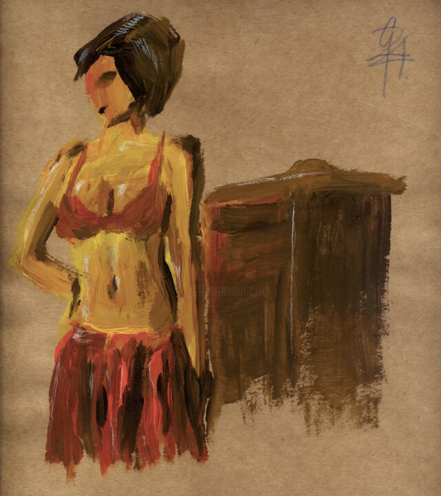 Figurenstudie vor Möbelstück. Malarstwo, 9,7x9,1 in