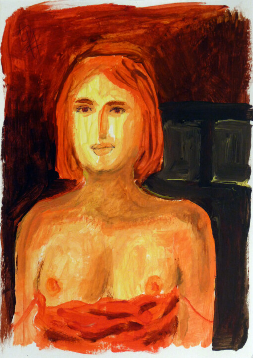 Halbakt, rotes Kleid. 绘画, 8.3x5.9 in