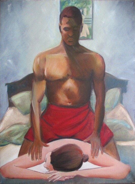 Peinture intitulée "massager in oil" par Cyril Harris, Œuvre d'art originale, Huile Monté sur Châssis en bois