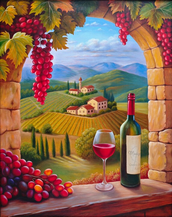 Taste of Tuscany Italian landscape wine and grape still life Tablo, 35,4x27,6 in