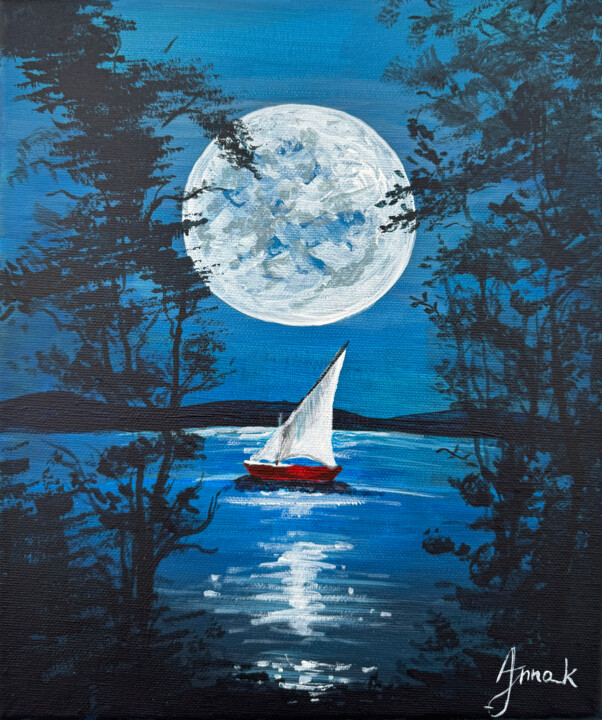 Sailboat Under the Night Moon Картина, 11,8x9,8 in