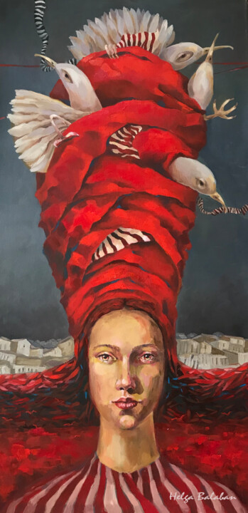 Painting titled "Birds and woman" by Helga Balaban, Original Artwork, Oil