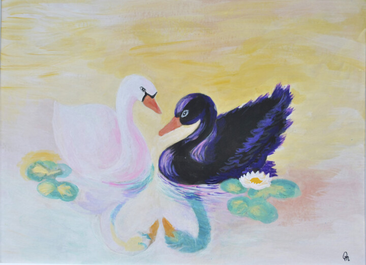 Pair of Swans: Atmospheric & Tender Acrylic Painting Tablo, 11,8x15,8 in
