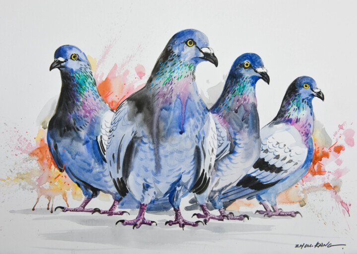 Pigeons Schilderij, 11,8x15,8 in