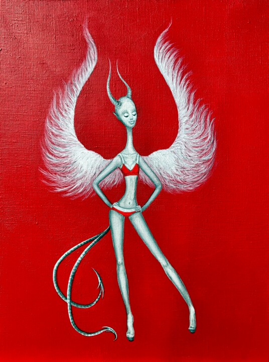 Angel with horns on a red background Painting, 15.8x11.8 in