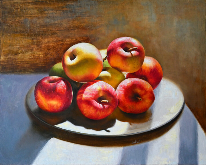 Painting titled "Apples in the Light" by Lukian, Original Artwork, Oil