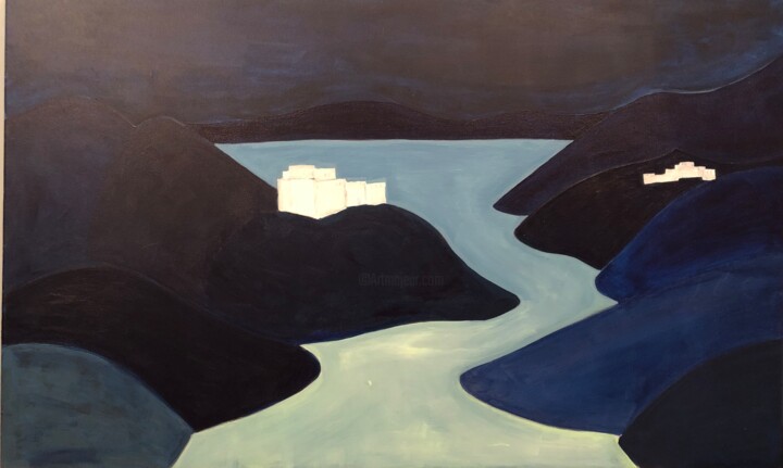 Ladakh Gompa over a mountain lake at night 绘画, 29.9x48 in