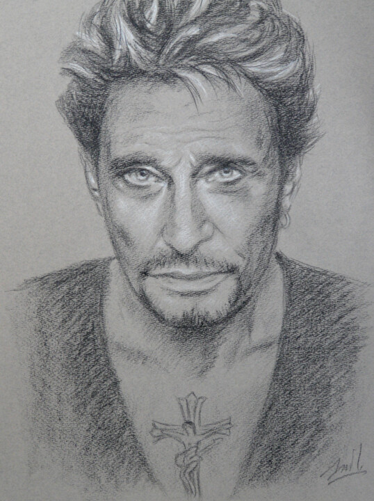 Portrait de johnny Hallyday (8) Tekening, 15,8x11,8 in