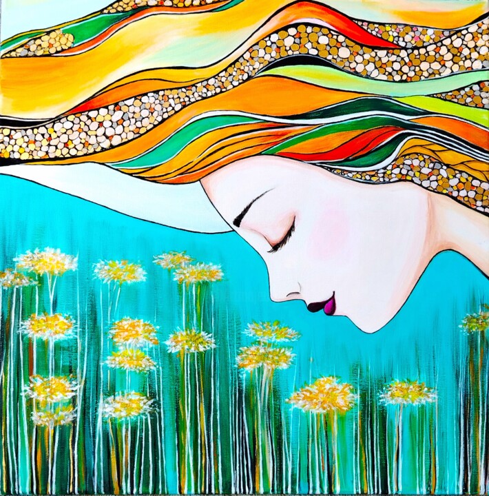Awakening of Spring - Female image in a blooming garden 绘画, 19.7x19.7 in