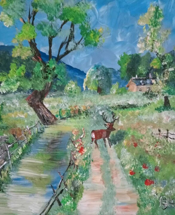 Peinture intitulée "Le cerf près du can…" par Audran, Œuvre d'art originale, Acrylique