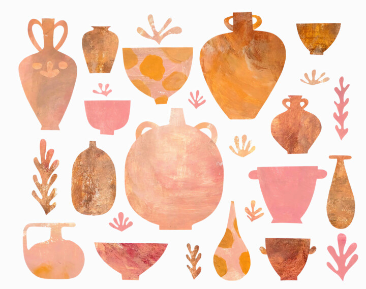 Rose & Ochre Vessels: Pottery Collage in Warm Tone Collages, 15,8x19,7 in
