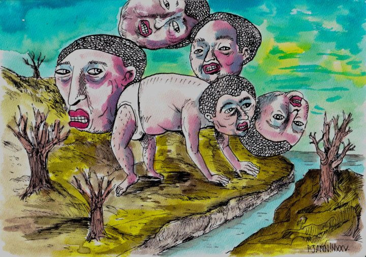 图画 标题为“5 hommes en slip” 由Patrick Jannin, 原创艺术品, 墨