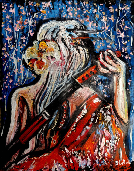 Geisha with Tattoo and Katana 绘画, 22.1x18.1 in