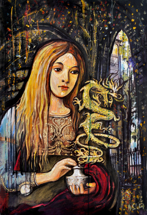 Pandora's Box - Golden Dragon 绘画, 18.1x13 in