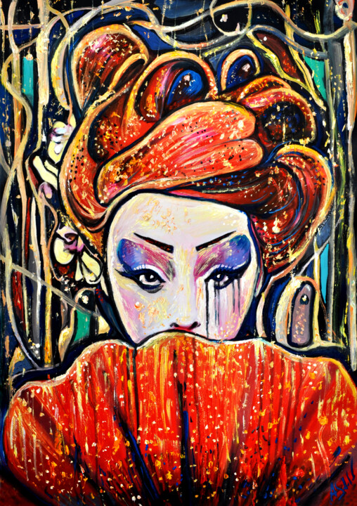 Geisha with a Fan 绘画, 29.5x21.7 in