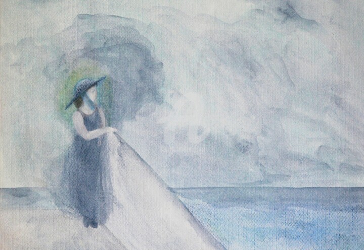 ON THE JETTY, marine watercolor on Arches paper of a woman 绘画, 9.5x14.2 in