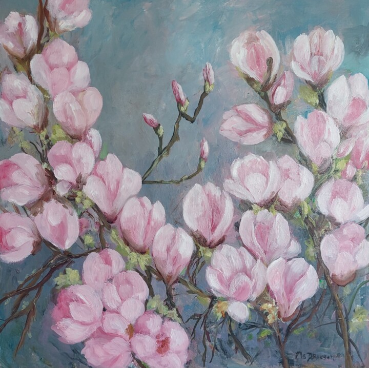 Painting titled "Magnolia in spring" by Els Driesen, Original Artwork, Oil