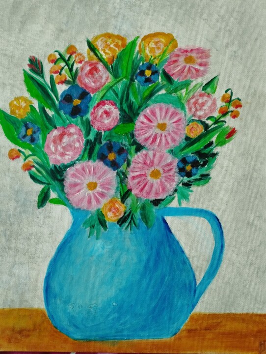 Fleurs dans un vase bleu 绘画, 11.8x9.1 in