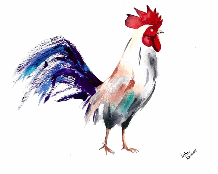 Colorful Rooster Watercolor Painting - Bright Farmhouse Wall 绘画, 8x10 in