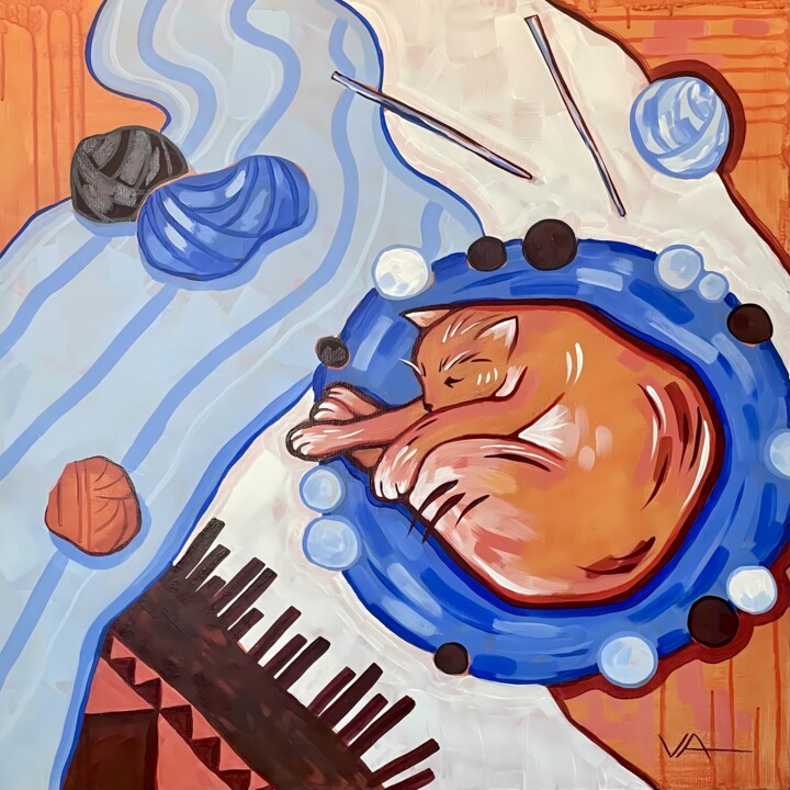 Desire to care. Sleeping cat at home. 70x70x2cm 绘画, 27.6x27.6 in