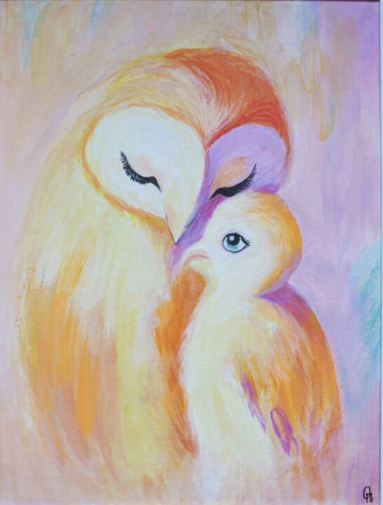 Owl and Chick - Motherly Tenderness in Gentle Pastels Schilderij, 15,8x11,8 in