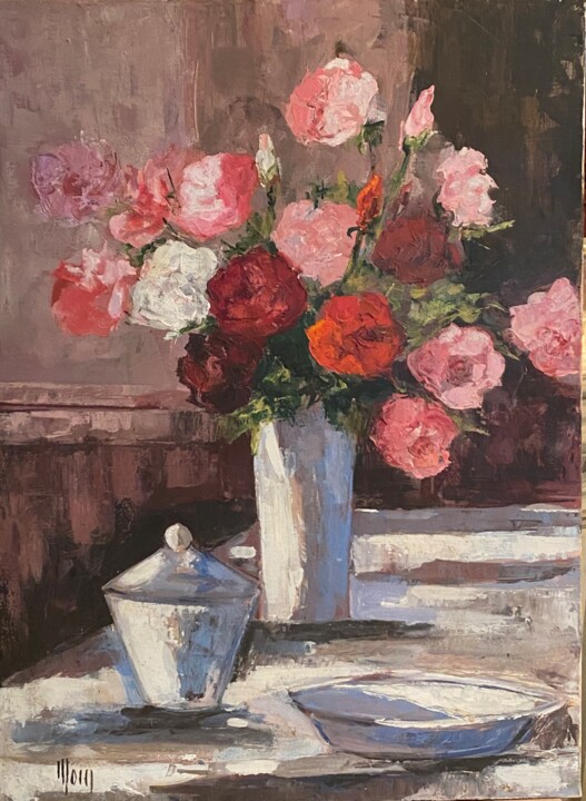 Peinture intitulée "BOUQUET de roses" par Jean Pierre Mocci, Œuvre d'art originale, Huile Monté sur Châssis en bois