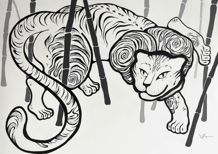 Tattoo for apartments. Curious tiger. 195x145x3 cm 绘画, 57.1x76.8 in