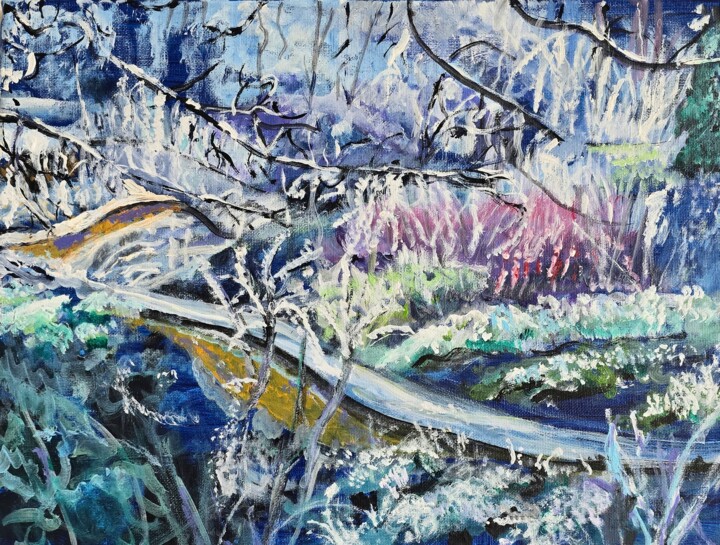 Pejzaż zimowy w ogrodzie, obraz akrylowy 绘画, 11.8x15.8 in
