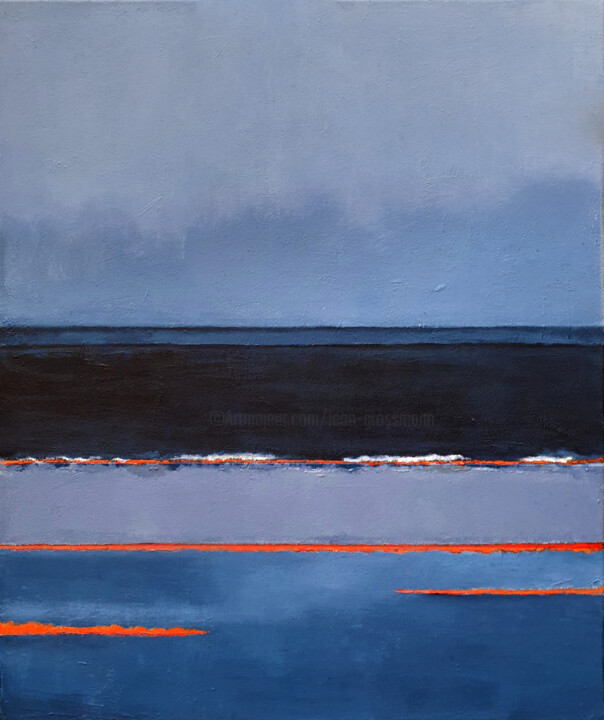 Blue Neon Orange Abstract Painting, Blue Wind of Wanderings Schilderij, 43,3x35,4 in