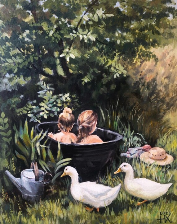 "Summer rest in the garden", Swimming, children 50/60 cm 绘画, 23.6x19.7 in