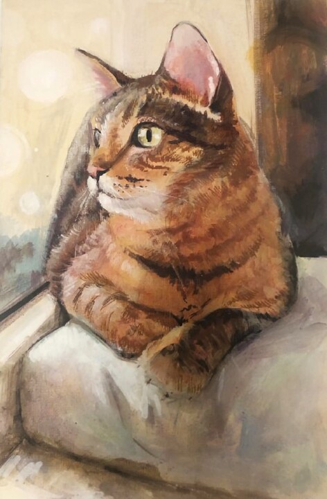 "Waiting for the dawn," The Cat. 绘画, 11.8x7.9 in