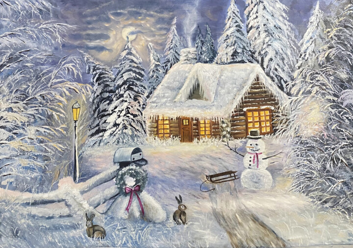 Painting titled "Cabin in the winter…" by Nadzeya Dzemianchuk, Original Artwork, Oil Mounted on Wood Stretcher frame