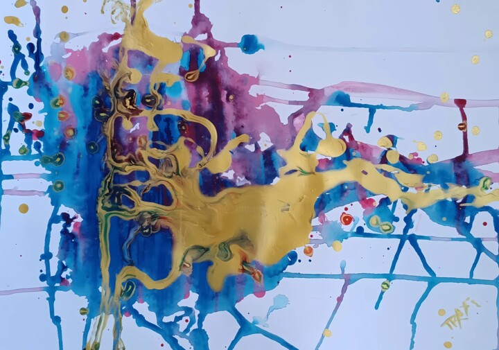 The Golden Path – Abstract Painting in Blue and Gold 绘画, 10.6x14.6 in