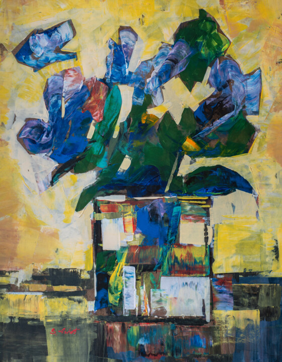 Синие цветы на желтом 绘画, 35.4x27.6 in