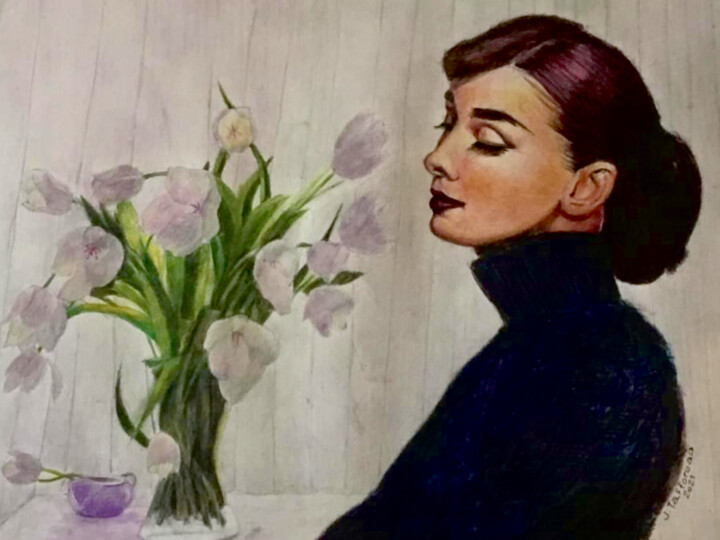 AUDREY ET LES TULIPES BLANCHES 绘画, 13.8x17.7 in