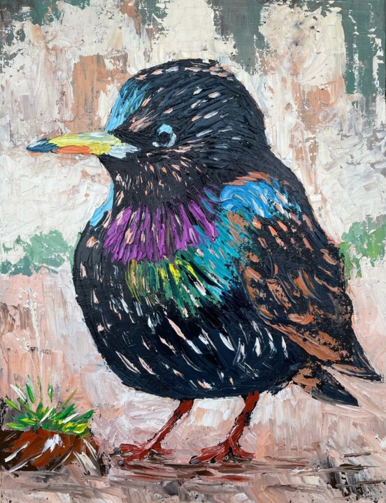 Starling – oil painting, bird, textured painting Painting, 15.8x11.8 in