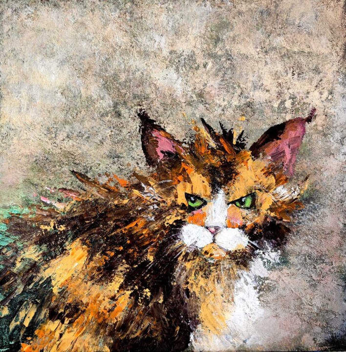 Painting titled "Кот" by Irina Moiseeva, Original Artwork, Acrylic Mounted on Wood Stretcher frame