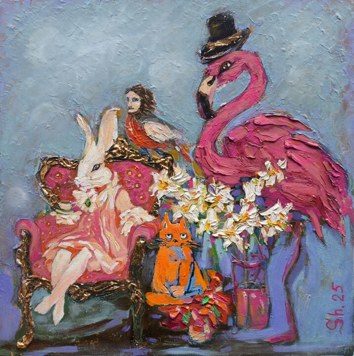 Rabbit Original Flamingo Impasto Cat Painting Bird Art 绘画, 11x11 in