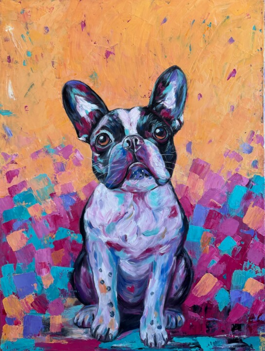 Colorful French Bulldog Portrait Painting, 31.5x23.6 in